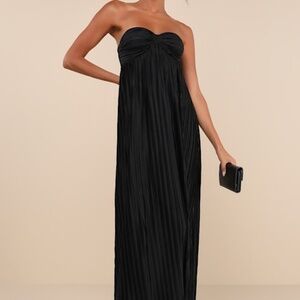 Lulus Whimsical Beauty Black Satin Plisse Strapless Maxi Dress - Size M